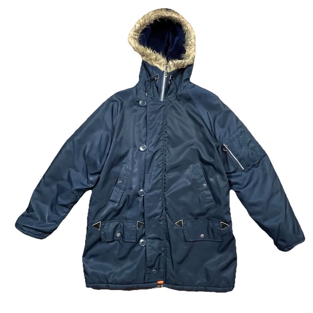Vintage 70s JC Penney Snorkel Parka Blue Faux Fur Hood Korea Made Mens M